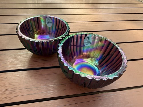 A pair of Fenton Plum Iridescent Carnival Glass Candle Holders or Small Bowls