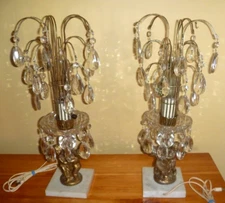 Vtg. Pair Austrian Crystal Cherub Waterfall Lamps Italy Aerolux Cross Bulb