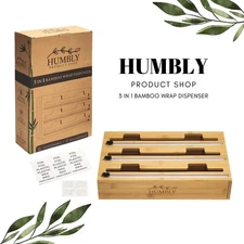 Foil and Plastic Wrap Organizer, 3 in 1 Bamboo Wrap Dispenser w/ Cutter