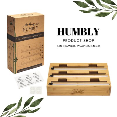 Foil and Plastic Wrap Organizer, 3 in 1 Bamboo Wrap Dispenser w/ Cutter