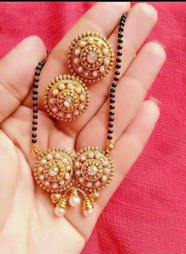 Gold Plated Indian Mangalsutra Set Black Beads Earrings Neckalce Pendant Jewelry