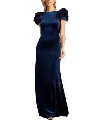 Tadashi Shoji Navy Blue Rose Shoulder Velvet Gown Size X-Large