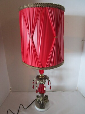 Vintage Hollywood Regency Red Pinch pleat Shade table Lamp prisms