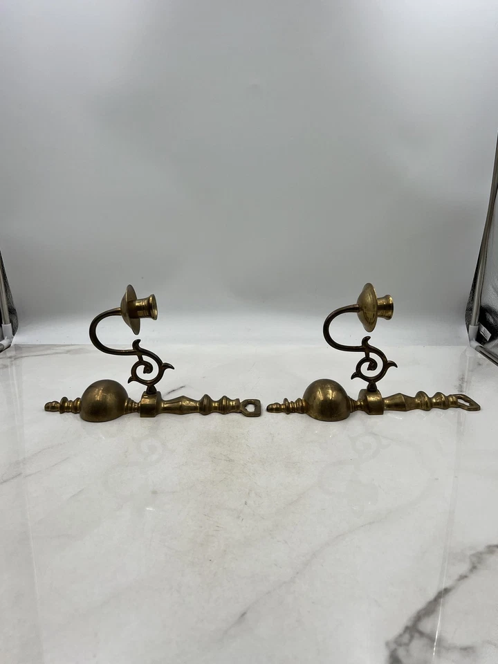Vintage Brass Wall Sconces Pair Ornate Candle Holders 11in Colonial Revival - Image 2 of 4