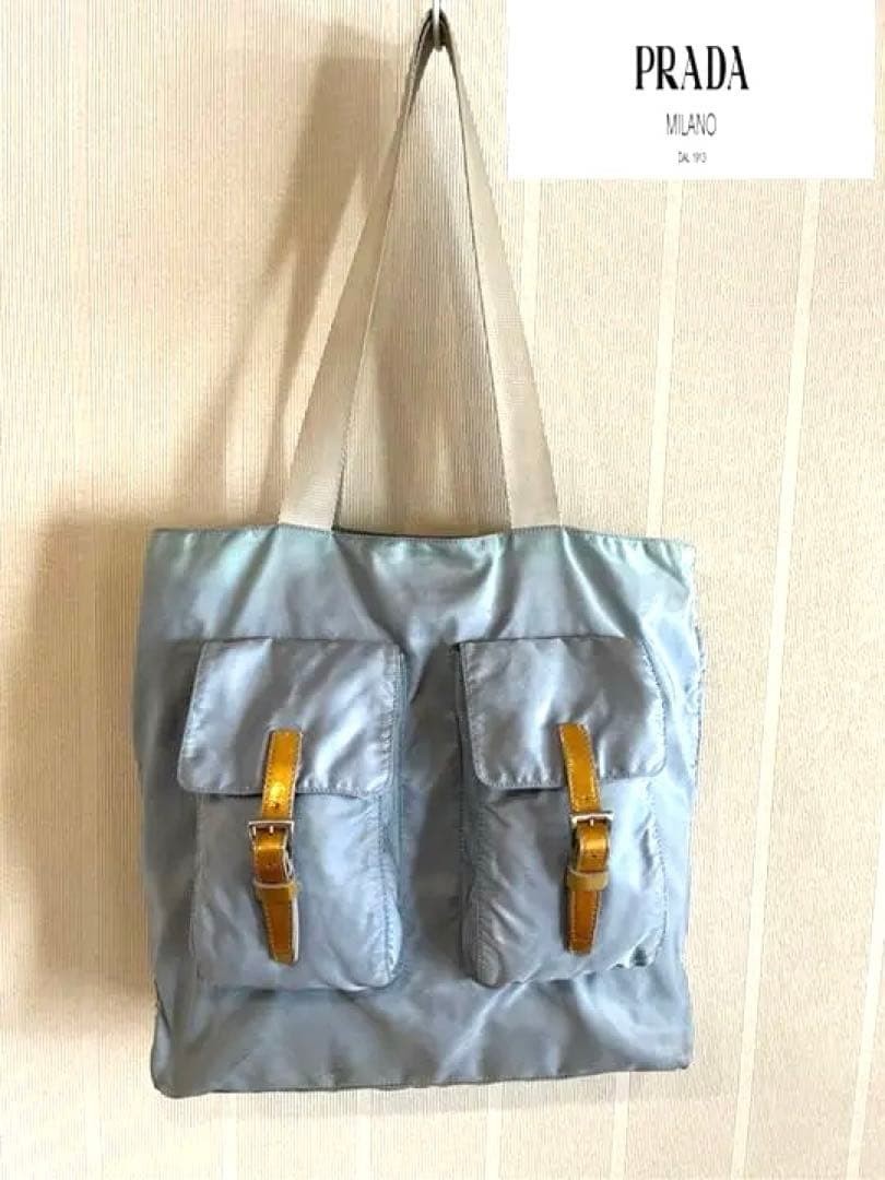 Prada Shoulder Tote Bag Nylon Blue Grey Women's From Japan Pre-owned Authentic