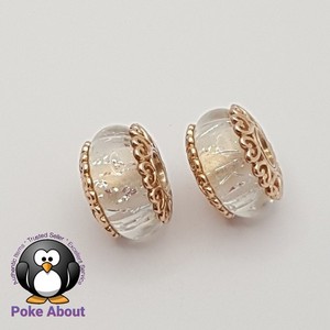 Authentic 2x Pandora Rose Gold Plated Hearts Iridescent White Murano Glass Charms 787576