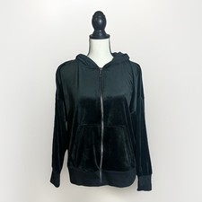 Felina Sweatshirt Women  s Size Large Black Velour Hooded Zip Up Soft Stretch