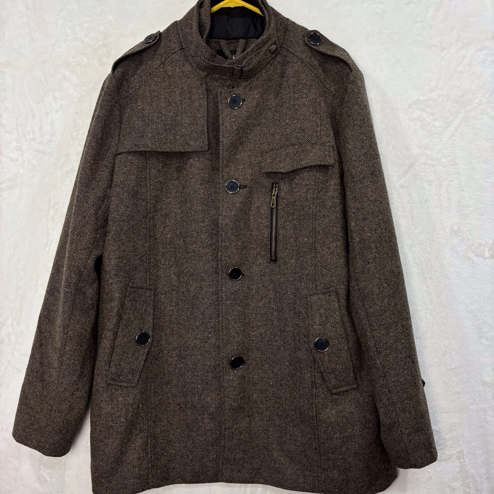 Wantdo Wool Blend Pea Coat Jacket Trench Coat Men L Herringbone Tweed Brown NEW - product detail image 3