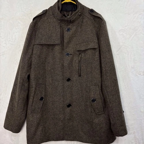 Wantdo Wool Blend Pea Coat Jacket Trench Coat Men L Herringbone Tweed Brown NEW image 3