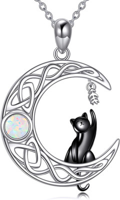 Black Cat Moon Fish Necklace 925 Sterling Silver Pendant Gifts for Women 18''+2''