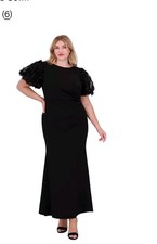 $208 Eliza J Floral-Short-Sleeve Boat-Neck Pleated Gown Sz 20W Plus Black New