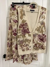 Vintage Herman Geist Skirt & Sweater Vest Set Beige Magenta Floral Large