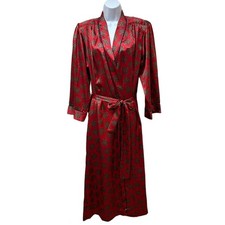 Vintage Natori Bergdorf Goodman Red Silky Satin Retro Floral Robe Dressing Gown
