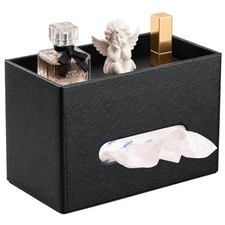 Rectangular Tissue Box Cover with Storage Tray, Leather Facial Tissue Black