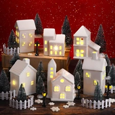 39 Pieces LED Lighted Ceramic Winter Village Building Figurines and Accessori...