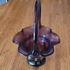 Fenton Purple Iridescent Art Glass Hand Painted Floral Handled Basket 9"