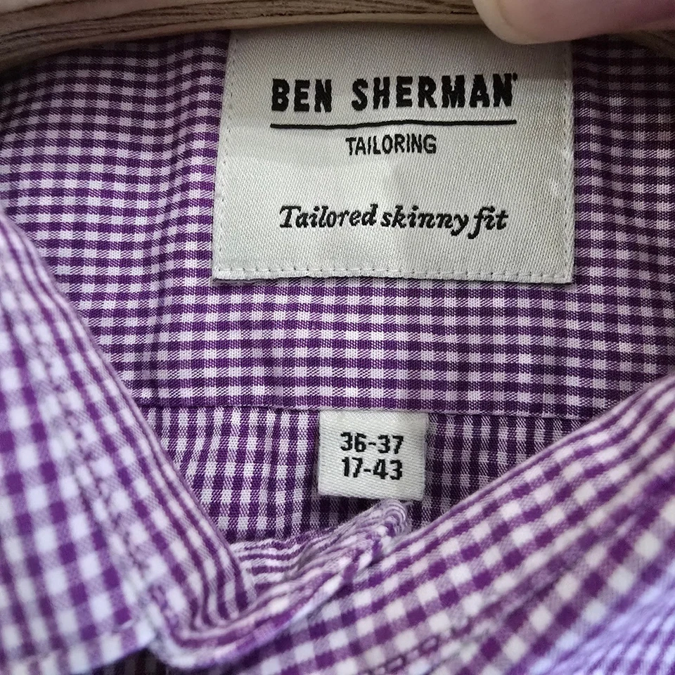 Camisa de vestir BEN SHERMAN a medida ajustada de guinga púrpura blanca para hombre talla 17 Foto 4 de 4