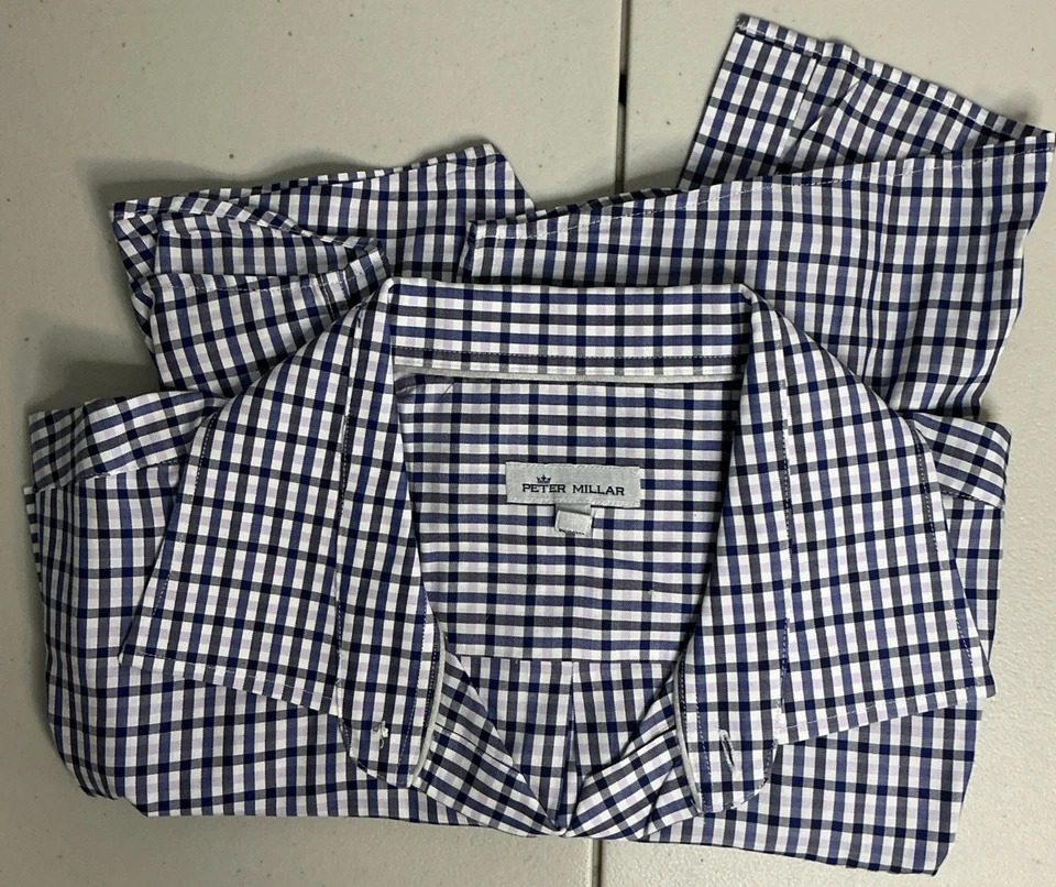 Peter Millar Short Sleeve Check Button Up Shirt Navy White Purple Men's XXL - Image 2 of 4