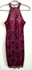 EMERALD SUNDAE Juniors'  Lace Halter Bodycon Lined Dress - Size Small - Burgundy