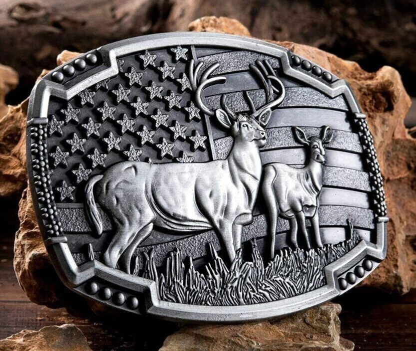 Men Antique Silver Metal Belt Buckle Deer Hunter Western USA Flag