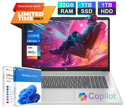 2025 HP 17.3 Laptop Computer 10-Core 13th Intel i7 32GB RAM 1TB SSD+1TB HDD Pro