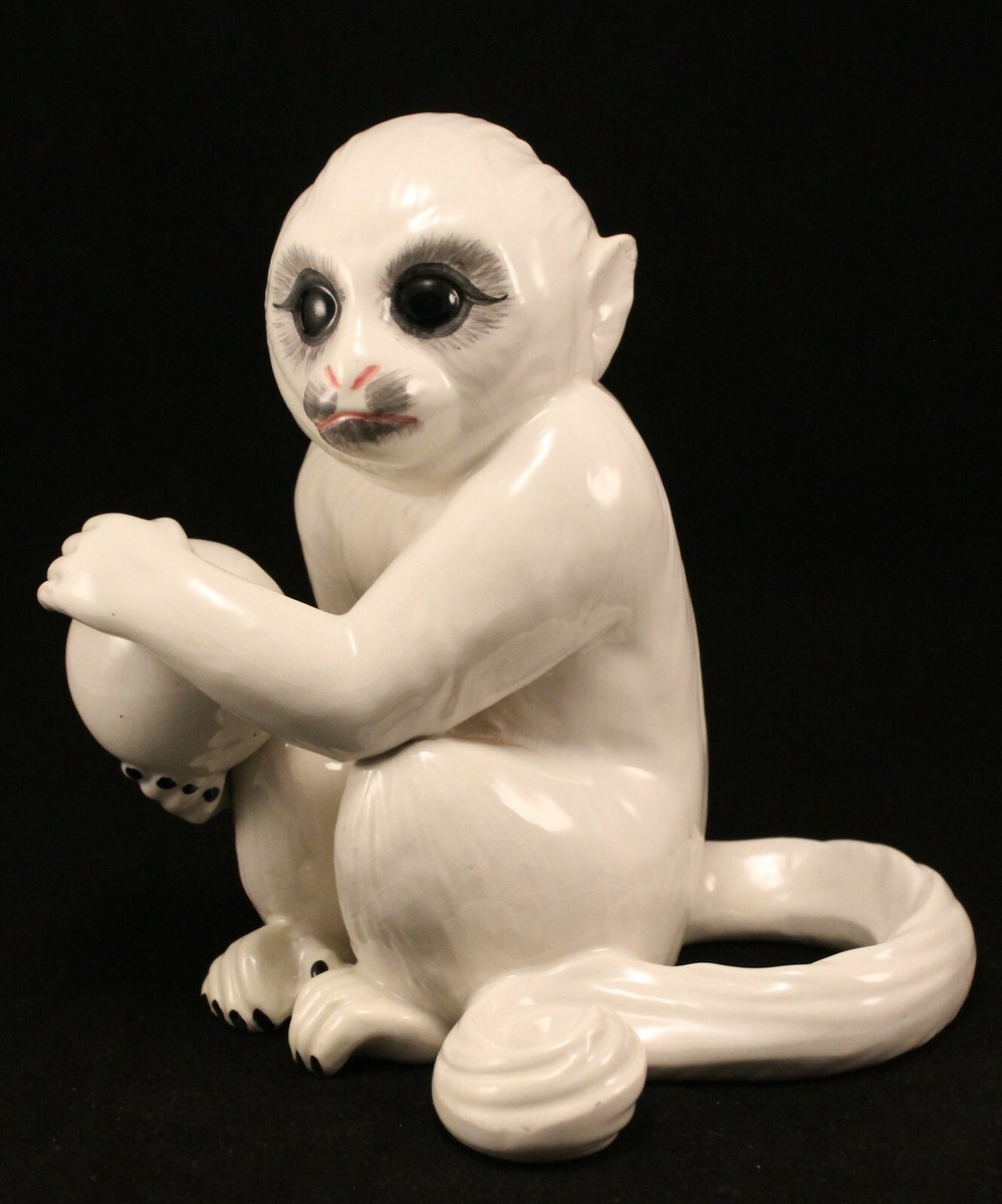 White Porcelain Glazed Capuchin Monkey Figurine Mid-Century Modern
