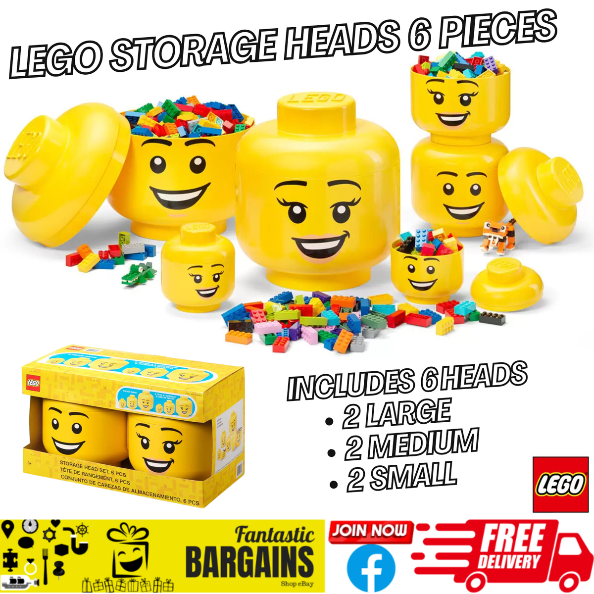 LEGO Storage Head Piece Set 2x Each Large Small Mini Happy Boy