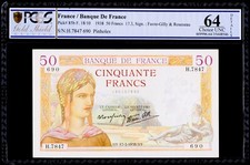 50 Francs 1938 Pick# 85b France / Banque De France PCGS 64 Choice Uncirculated