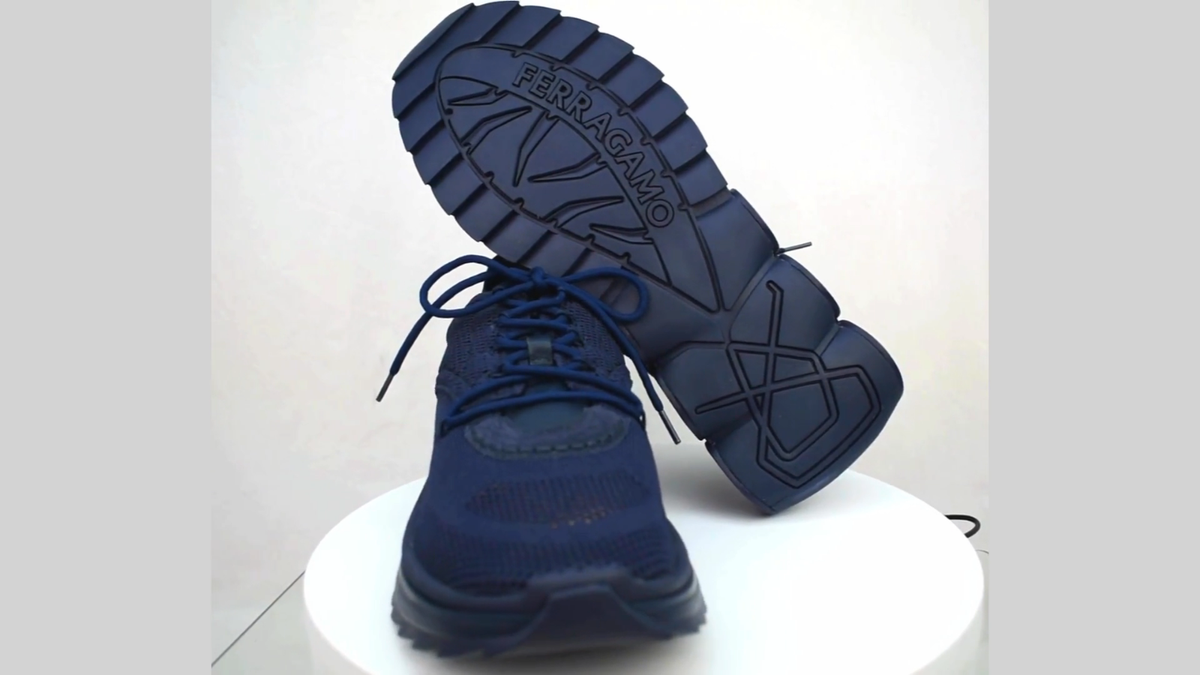$1K NIB FERRAGAMO DARK BLUE NIMA KNIT MESH LOGO LOW TOP SNEAKERS