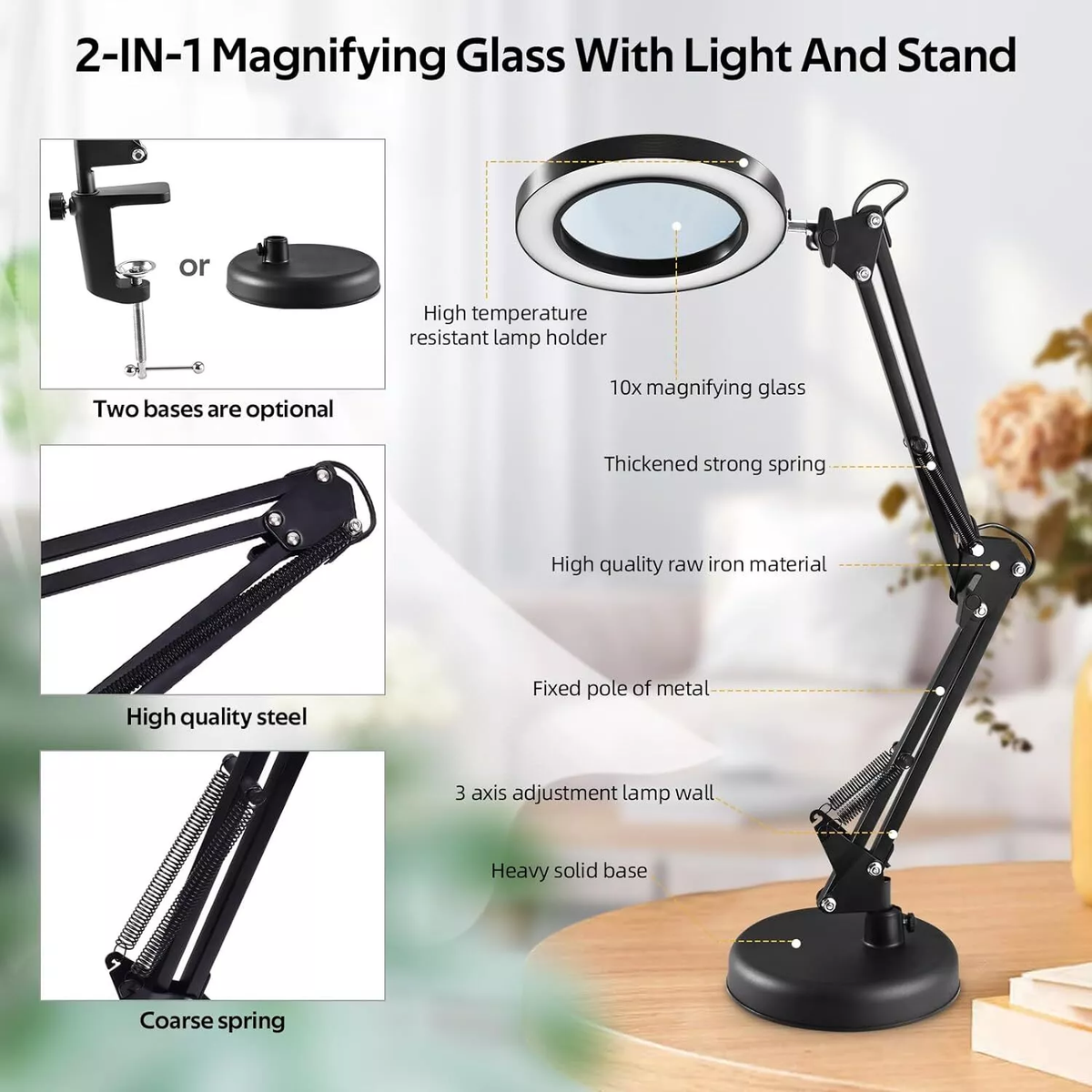 Spring Magnifying Glass Spring Desk Lamp Magnifier In Focus LED Magnifier Desk Light Black