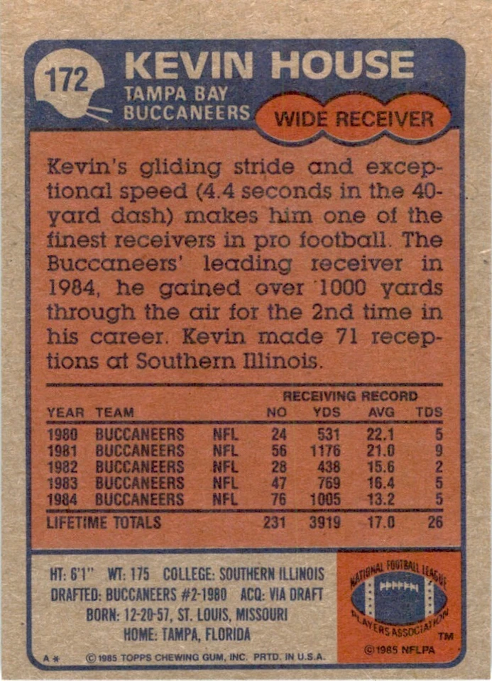 1985 TOPPS KEVIN HOUSE TAMPA BAY BUCCANEERS #172 - Image 2 of 2