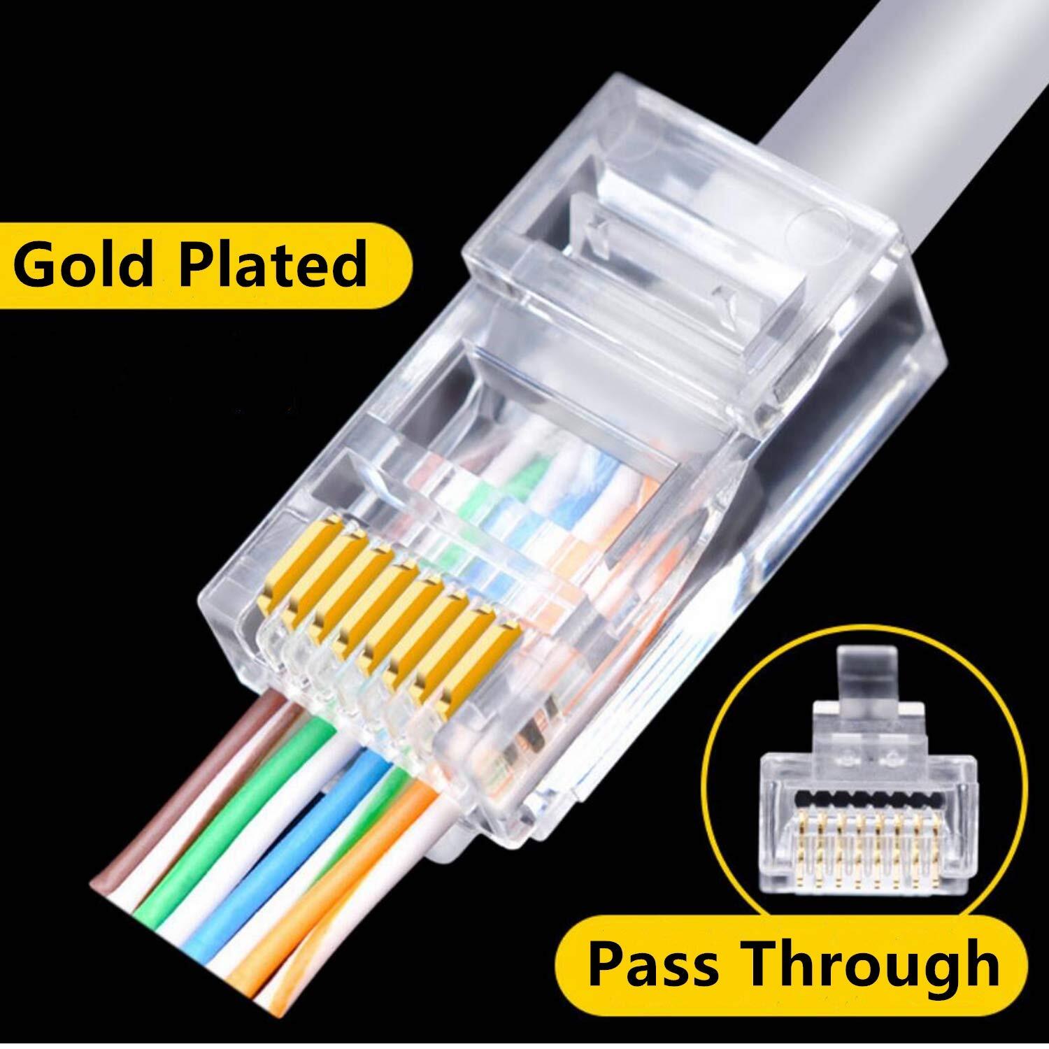 100-Pack RJ45 Cat6 Pass Through Connectors Gold Plated for Ethernet Cables