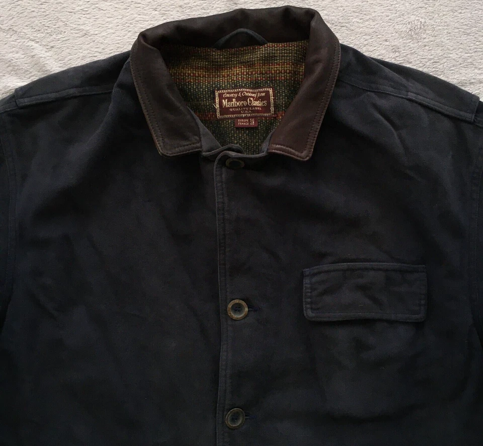 Marlboro Classics mens Navy Blue Leather Collar Country Button jacket size 48 - Image 3 of 4