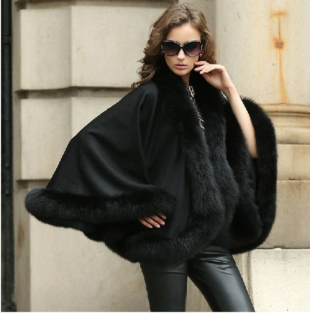 Fox Fur Hood With Fur Black Fur Cape Coat Real Cashmere Cape Coat