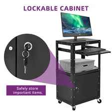41'' Steel AV Cart with Locking Cabinet Adjustable Height Keyboard & Power Strip