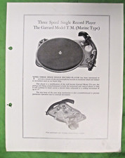 GARRARD MODEL T. M. TURNTABLE SALES SHEET INFO MARINE BOAT TYPE PLAYER