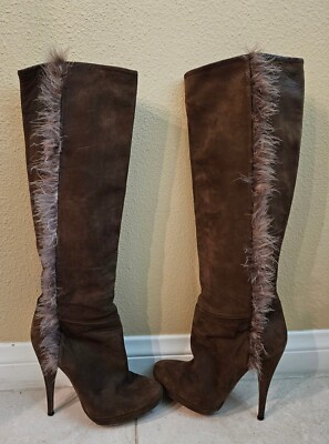 NINA RICCI Brown Leather Suede 8.5 Knee High Heel Platform Boots Shoe 38.5 ITALY