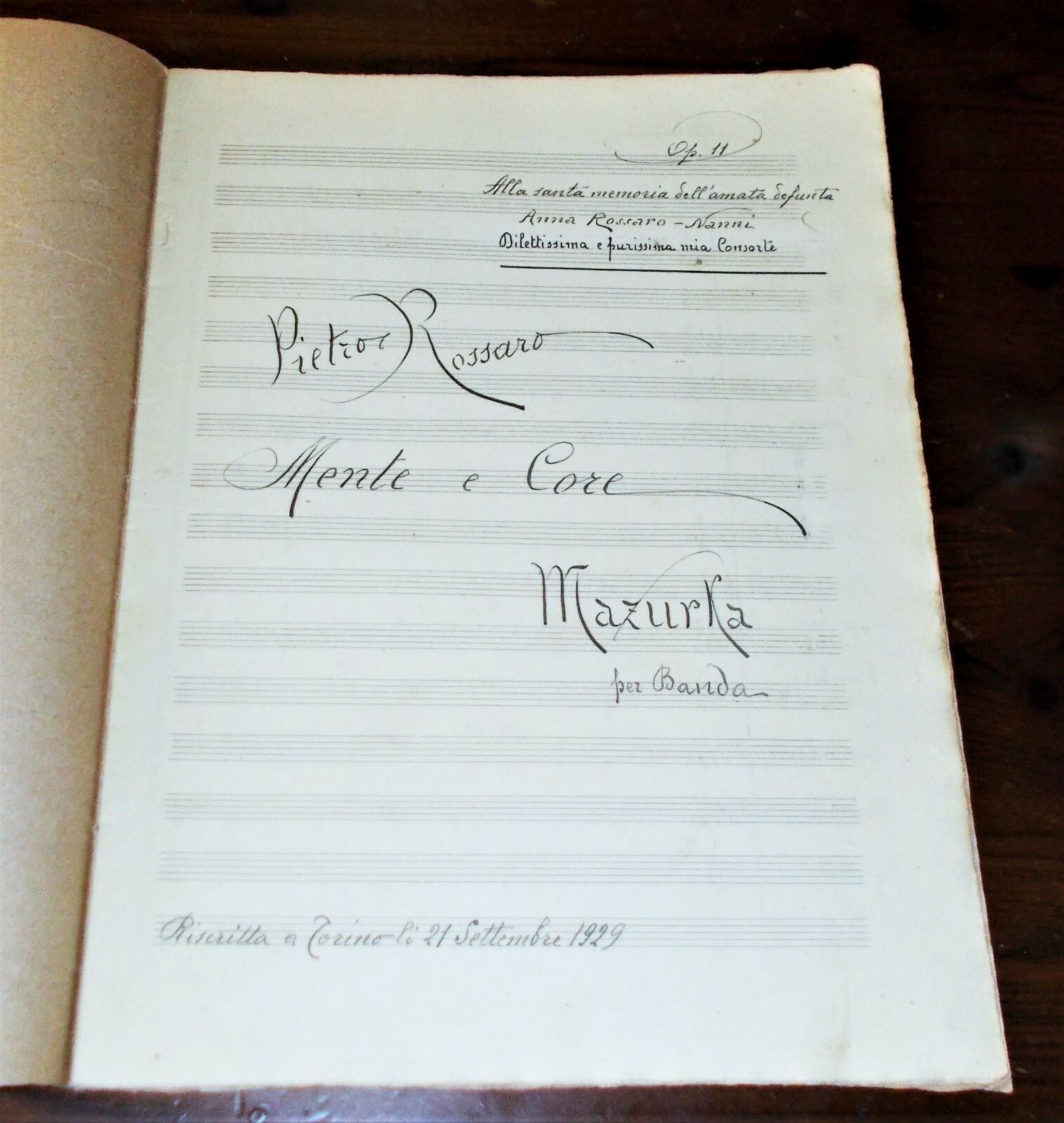 Spartito MANOSCRITTO firmato PIETRO ROSSARO Mente e core Op 11 - BANDA 1894