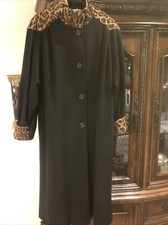 Mystic Black Wool Long Coat Medium Faux Leopard Print Trim Worumbo Elegant