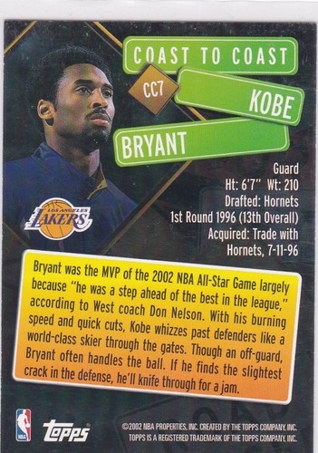 KOBE BRYANT RARE $$ Topps COAST TO COAST 2002 Los Angeles Lakers Basketball Card - Picture 2 of 2