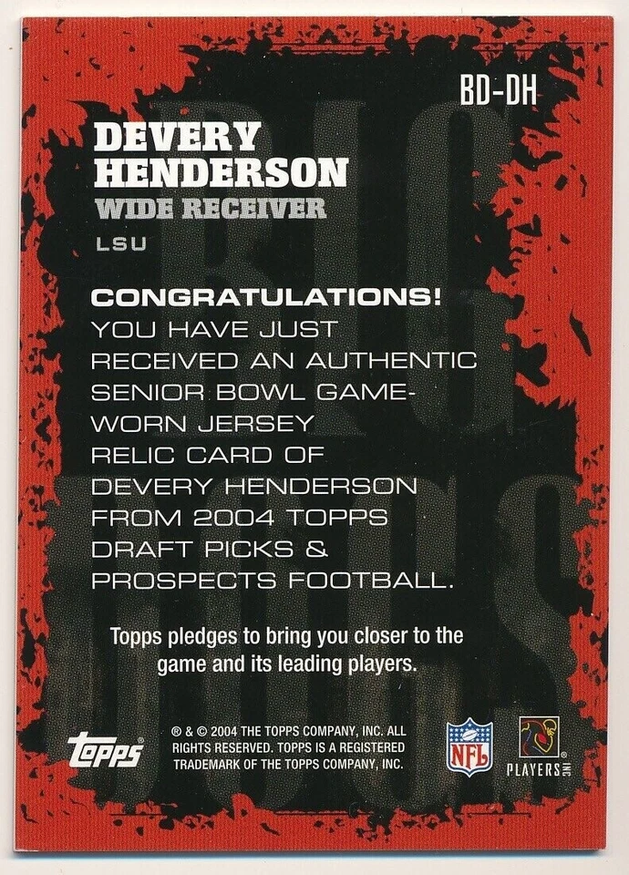 DEVERY HENDERSON 2004 TOPPS DRAFT PICKS PROSPECTS BIG DOGS GAME JERSEY LSU SP - Image 2 of 2