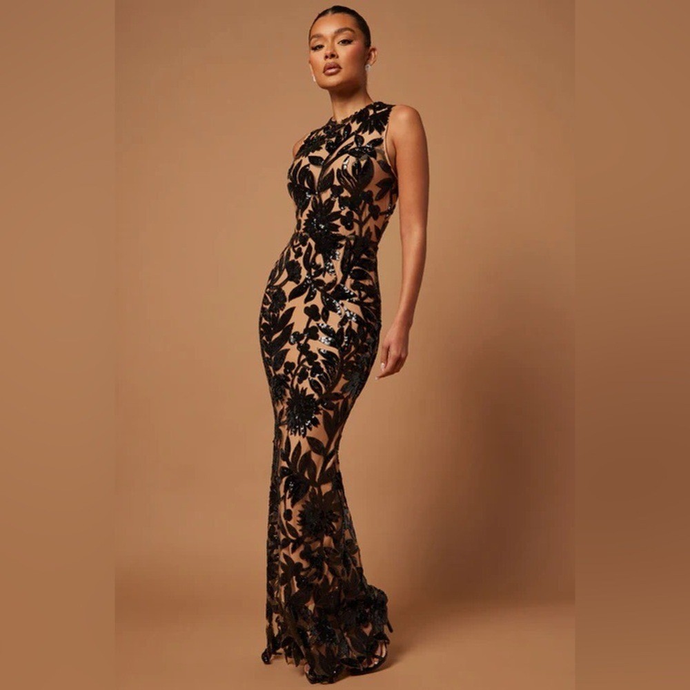 Nwd fashion nova luxe black nude sequin evening red carpet formal gown dress xl