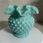Fenton Turquoise Blue Milk Glass Hobnail Double Ruffle Vase, 4.5” Ht, 1950’s