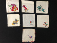 vintage colorful embroidered handkerchiefs, Lot of 7, Assorted
