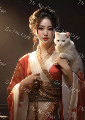 Young Woman in White Cat Kimono - Photo A4 - Stylish Portrait - B0018