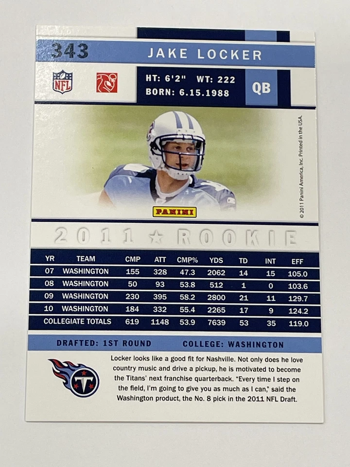 2011 Score Football Gold Zone #343 - Jake Locker RC - Tennessee Titans - Image 2 of 2