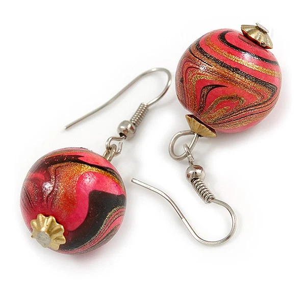 40mm L/ Colour Fusion Wood Bead Drop Earrings In Silver/Deep Pink/ Black/ Golden - Image 3 of 4