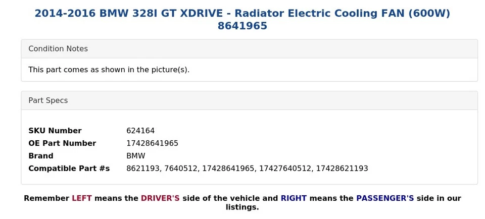 BMW 328I GT XDRIVE 2014-2016 - Ventilador de refrigeración eléctrico radiador (600 W) 8641965 Foto 4 de 4