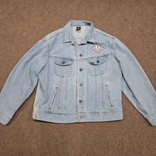 Vintage Lee Denim Trucker Jacket Light Wash Loon Graphic Made in USA Mens Large