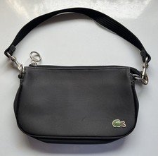 Lacoste Black Shoulder Bag Purse/ Green Striped Lining- Logo - Pre Owned